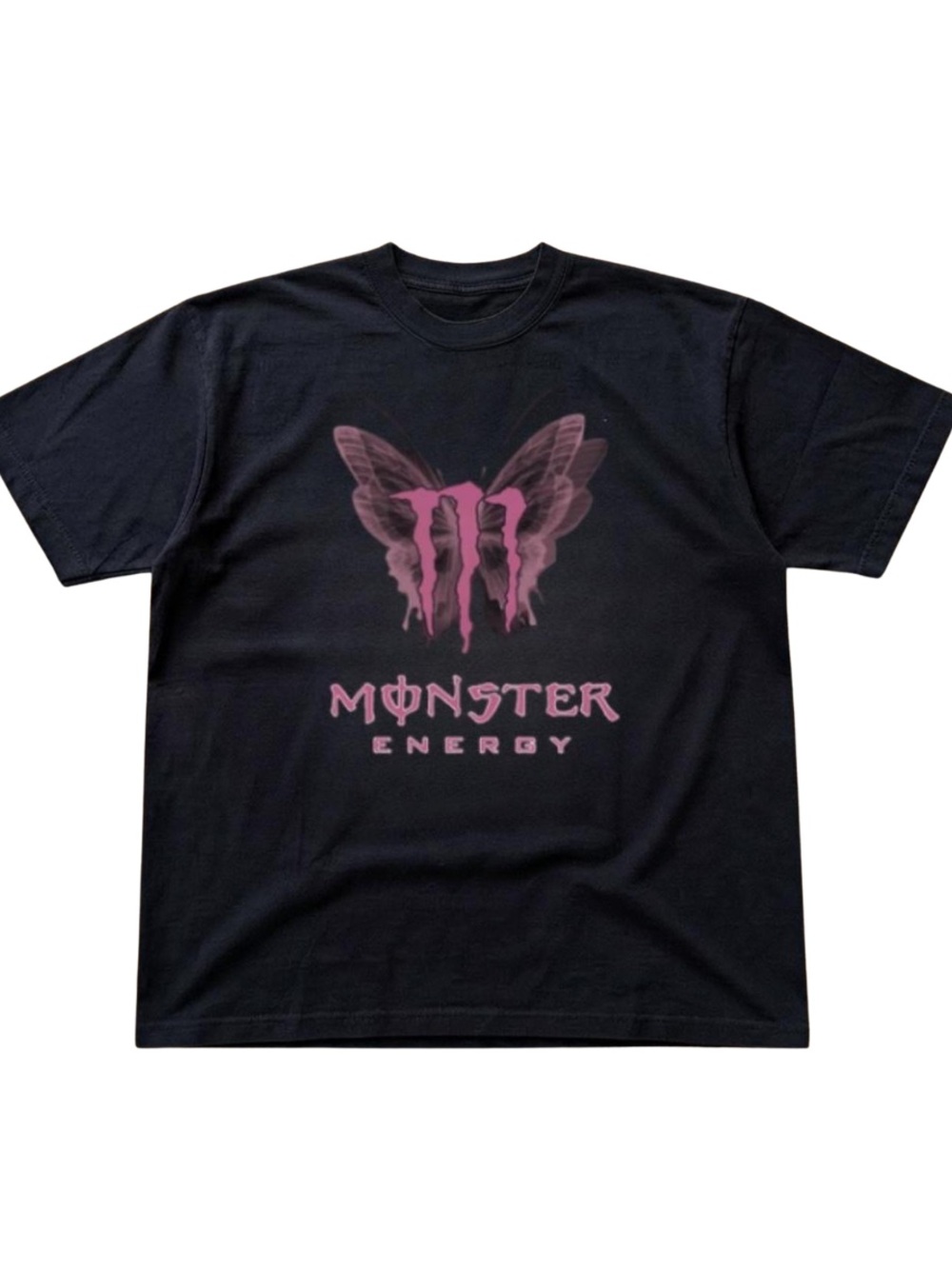 Classic Black Monster Energy Short Sleeve Tee with Pink Butterfly Graphic